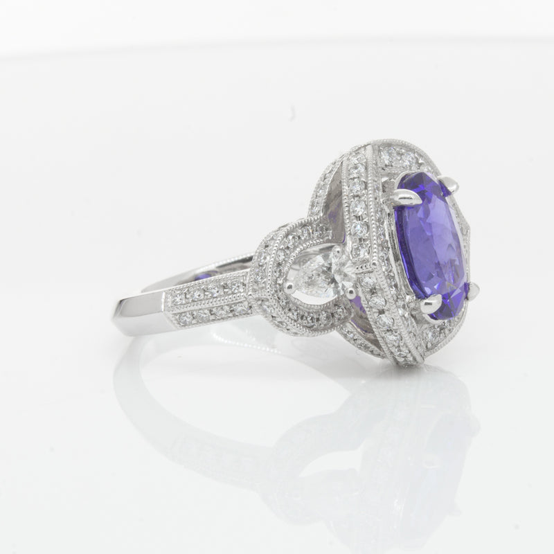 18ct White Gold Tanzanite & Diamond Halo Ring-Ring-Walker & Hall