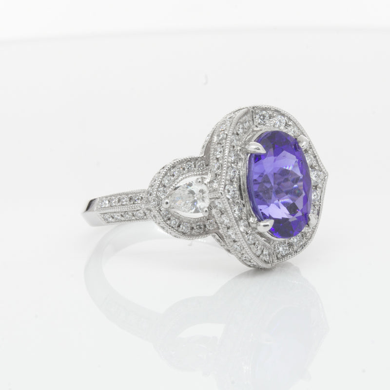 18ct White Gold Tanzanite & Diamond Halo Ring-Ring-Walker & Hall
