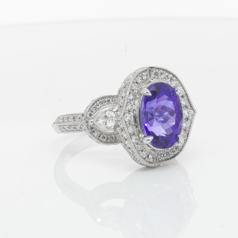 18ct White Gold Tanzanite & Diamond Halo Ring-Ring-Walker & Hall