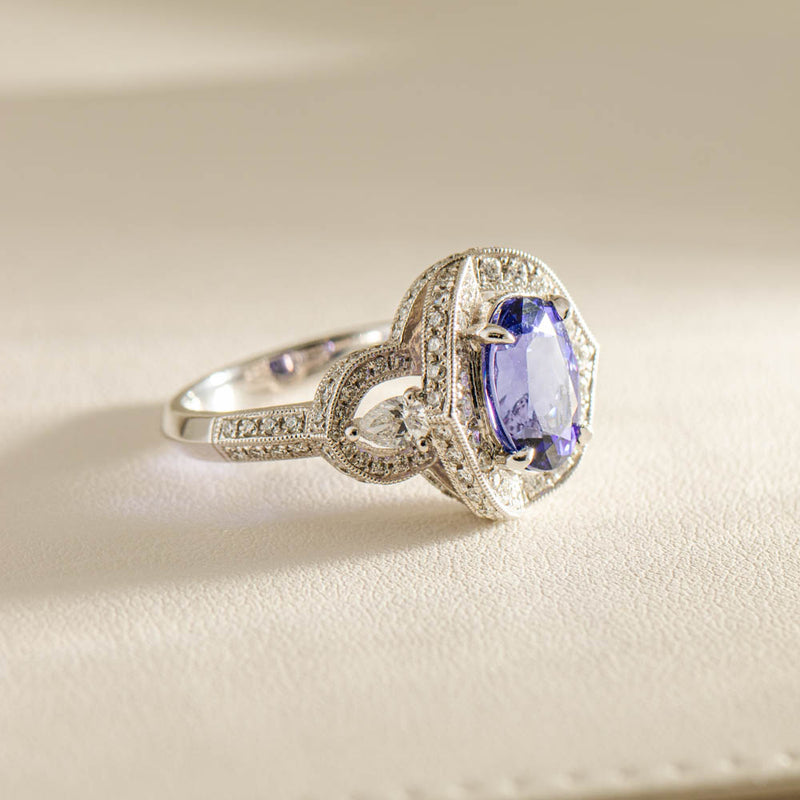 18ct White Gold Tanzanite & Diamond Halo Ring-Ring-Walker & Hall