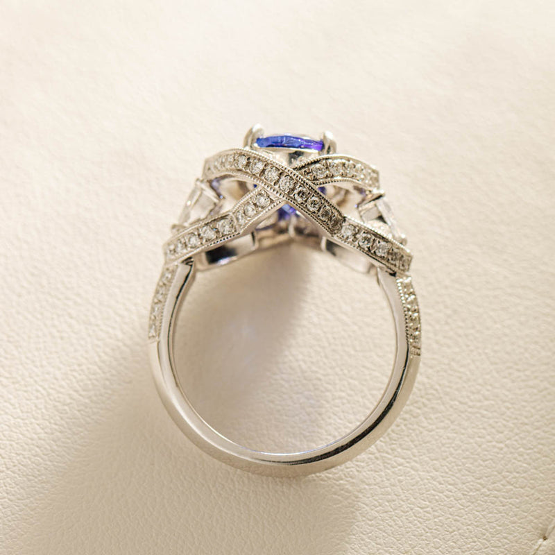 18ct White Gold Tanzanite & Diamond Halo Ring-Ring-Walker & Hall