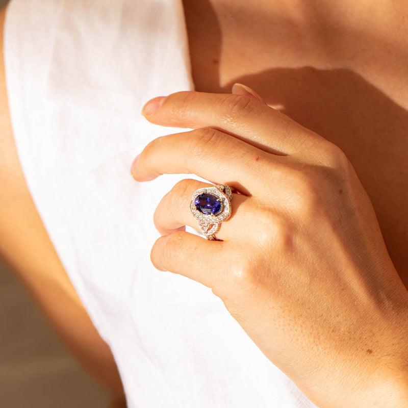 18ct White Gold Tanzanite & Diamond Halo Ring-Ring-Walker & Hall