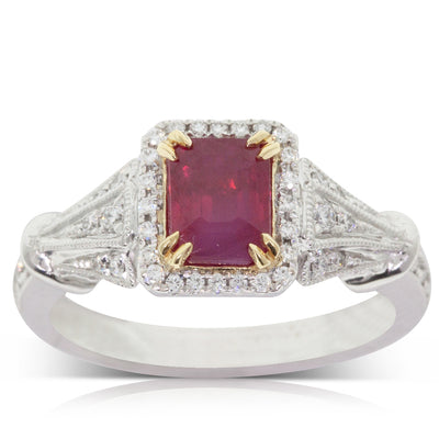 18ct White Gold Ruby & Diamond Halo Ring-Ring-Walker & Hall
