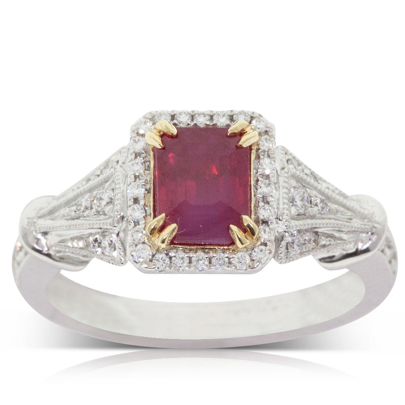 18ct White Gold Ruby & Diamond Halo Ring-Ring-Walker & Hall