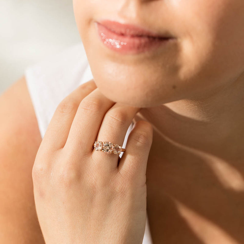 18ct Rose Gold Three Stone Morganite Octavia Ring-Ring-Walker & Hall