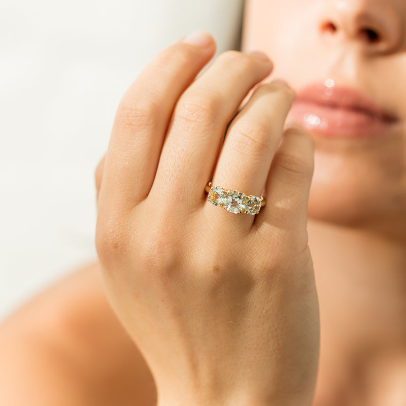 18ct Yellow Gold Three Stone Aquamarine Octavia Ring-Ring-Walker & Hall