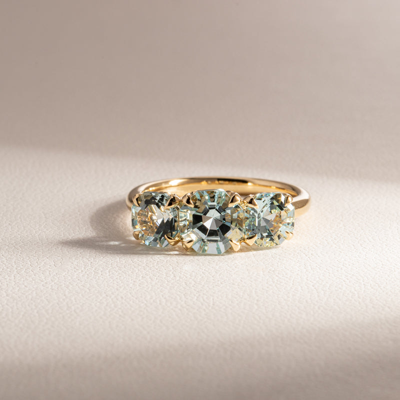 18ct Yellow Gold Three Stone Aquamarine Octavia Ring-Ring-Walker & Hall