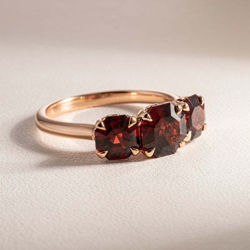 18ct Rose Gold Three Stone Garnet Octavia Ring-Ring-Walker & Hall