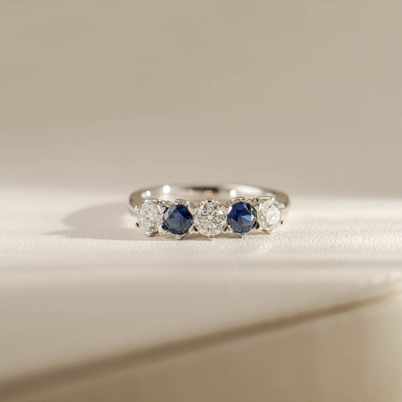 18ct White Gold Sapphire & Diamond Pentagon Ring-Ring-Walker & Hall