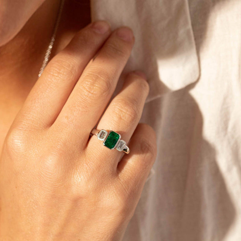 18ct White Gold Emerald & Diamond Ring-Ring-Walker & Hall