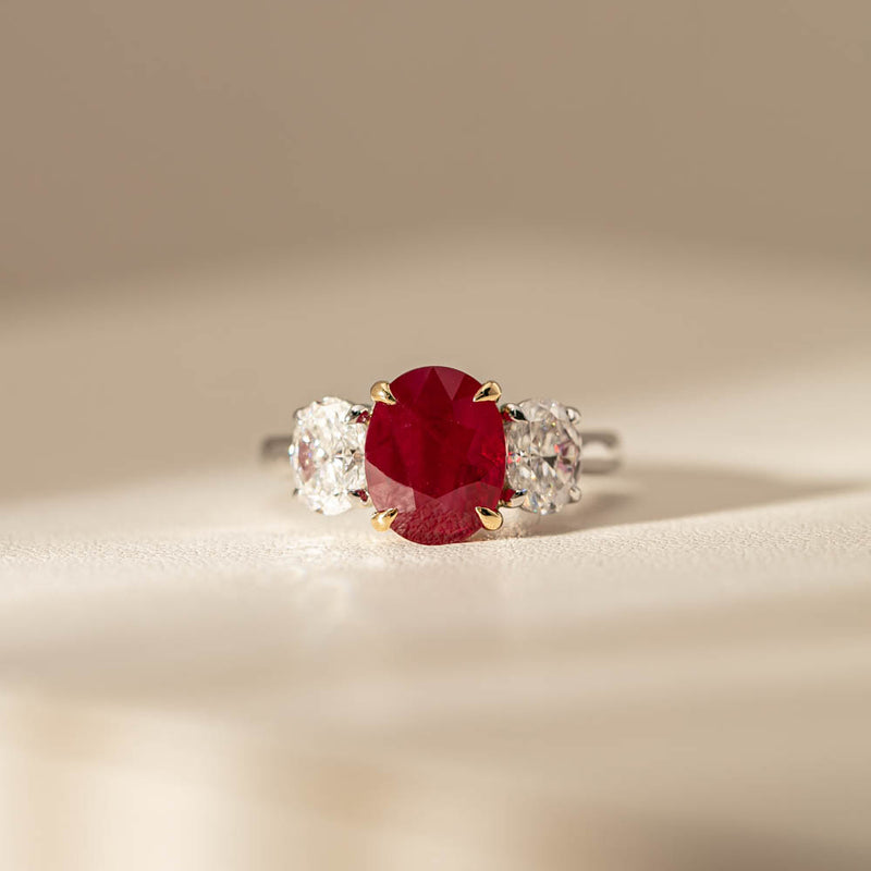 18ct White Gold Ruby & Diamond Three Stone Ring-Ring-Walker & Hall