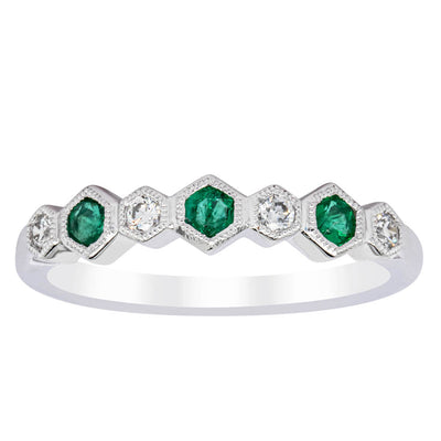 18ct White Gold Emerald & Diamond Deco Band-Ring-Walker & Hall