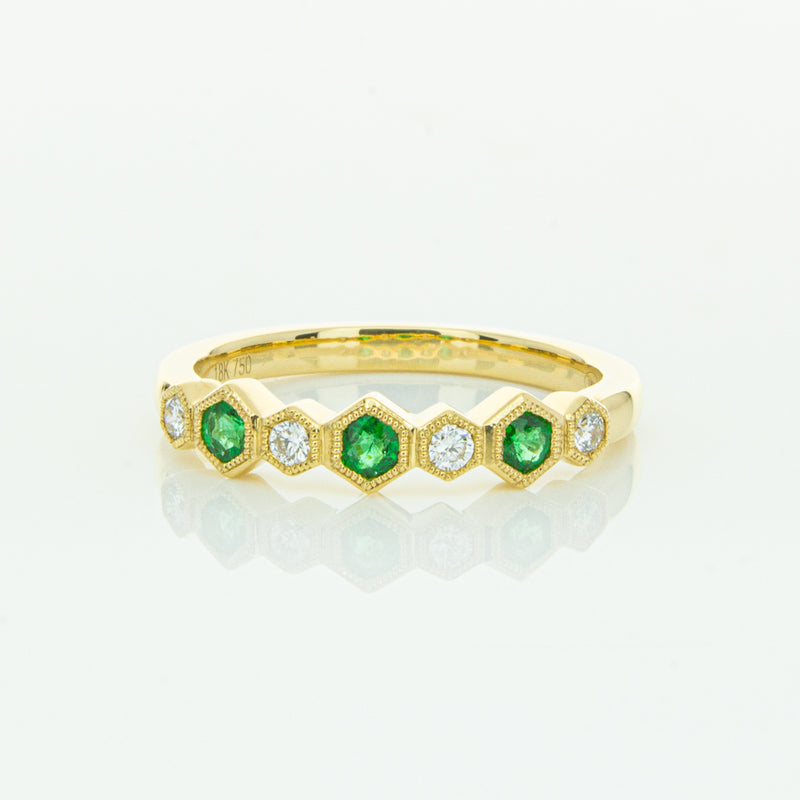 18ct Yellow Gold Emerald & Diamond Deco Band-Ring-Walker & Hall