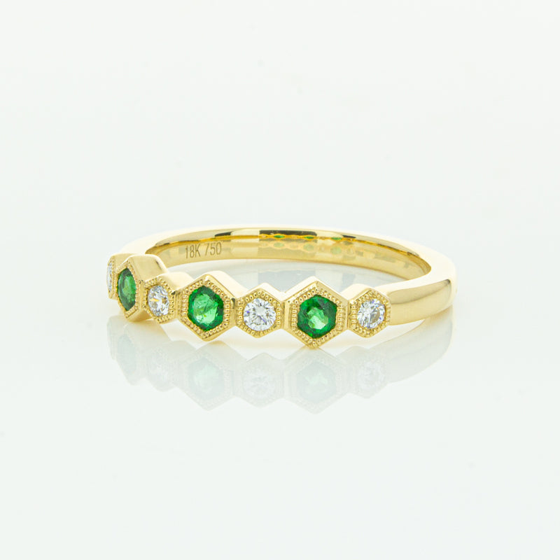 18ct Yellow Gold Emerald & Diamond Deco Band-Ring-Walker & Hall