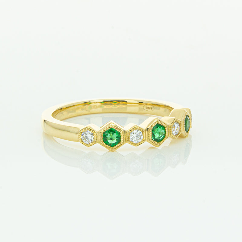 18ct Yellow Gold Emerald & Diamond Deco Band-Ring-Walker & Hall