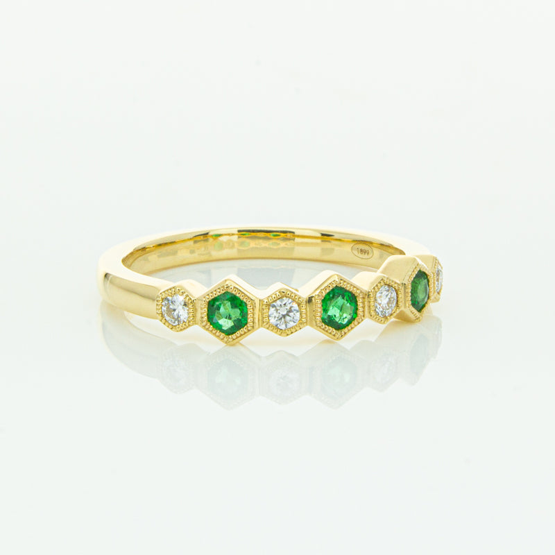 18ct Yellow Gold Emerald & Diamond Deco Band-Ring-Walker & Hall