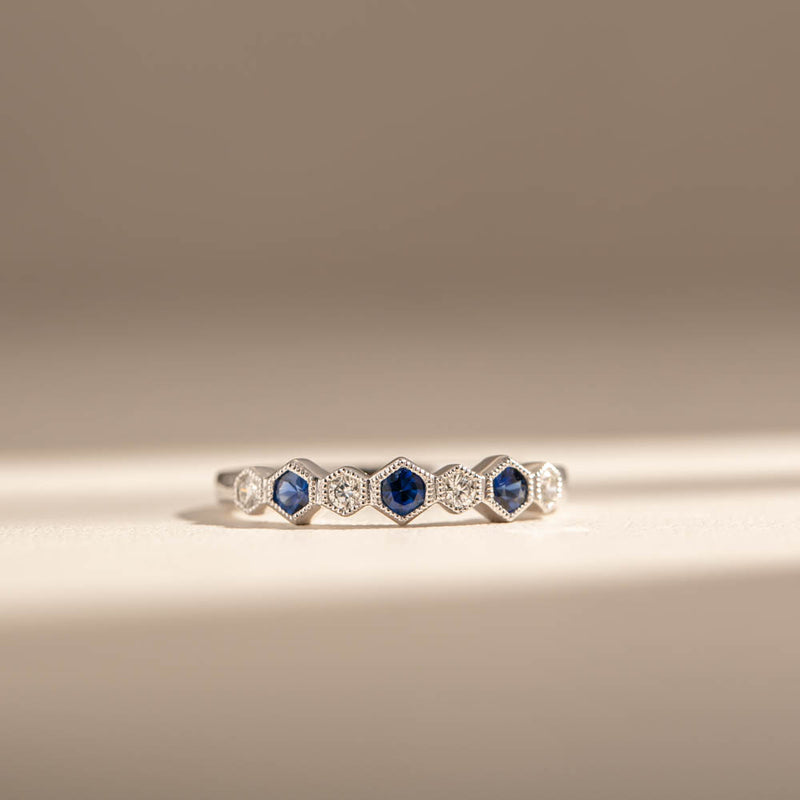 18ct White Gold Sapphire & Diamond Deco Band-Ring-Walker & Hall