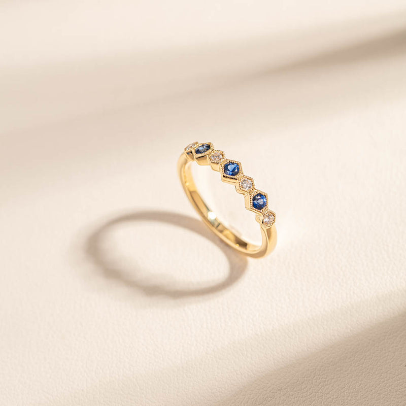 18ct Yellow Gold Sapphire & Diamond Deco Band-Ring-Walker & Hall