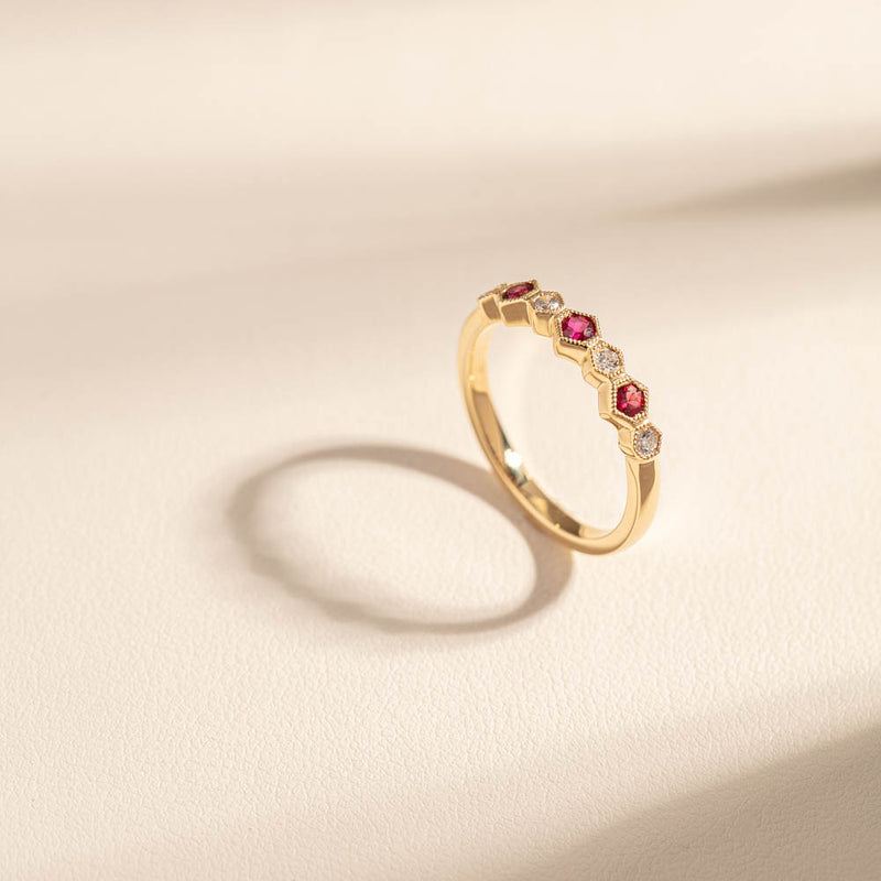 18ct Yellow Gold Ruby & Diamond Deco Band-Ring-Walker & Hall