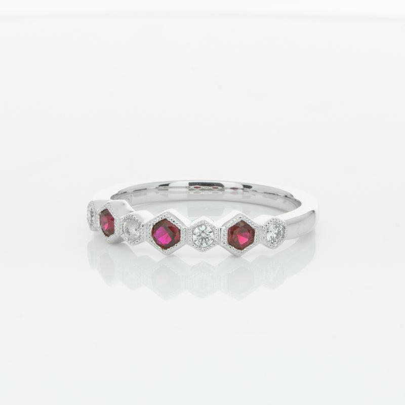 18ct White Gold Ruby & Diamond Deco Band-Ring-Walker & Hall