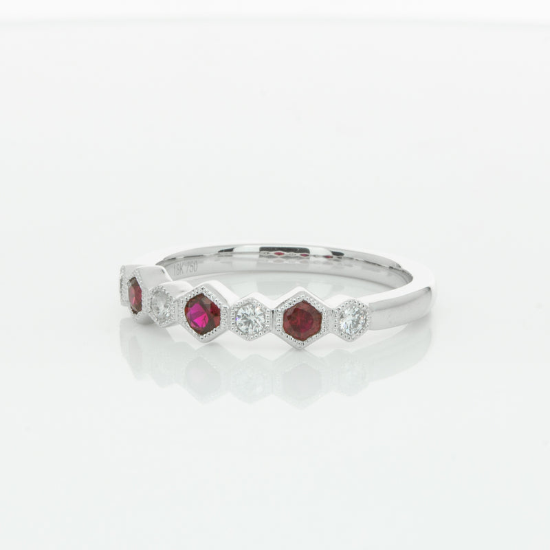 18ct White Gold Ruby & Diamond Deco Band-Ring-Walker & Hall