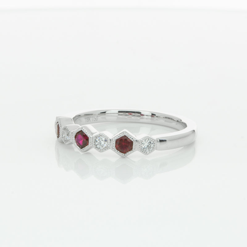 18ct White Gold Ruby & Diamond Deco Band-Ring-Walker & Hall
