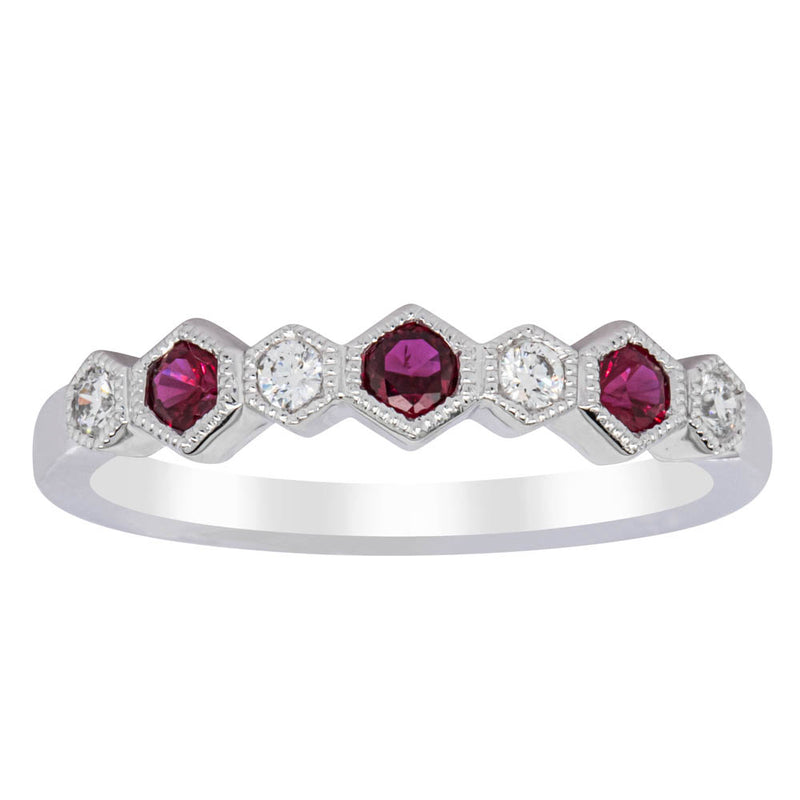 18ct White Gold Ruby & Diamond Deco Band-Ring-Walker & Hall