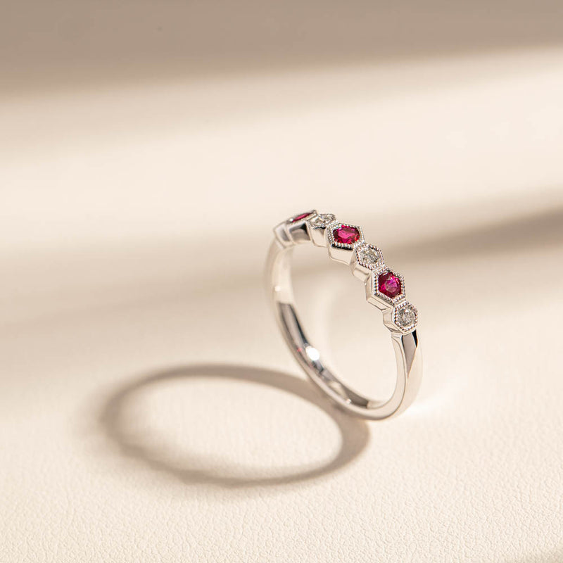 18ct White Gold Ruby & Diamond Deco Band-Ring-Walker & Hall