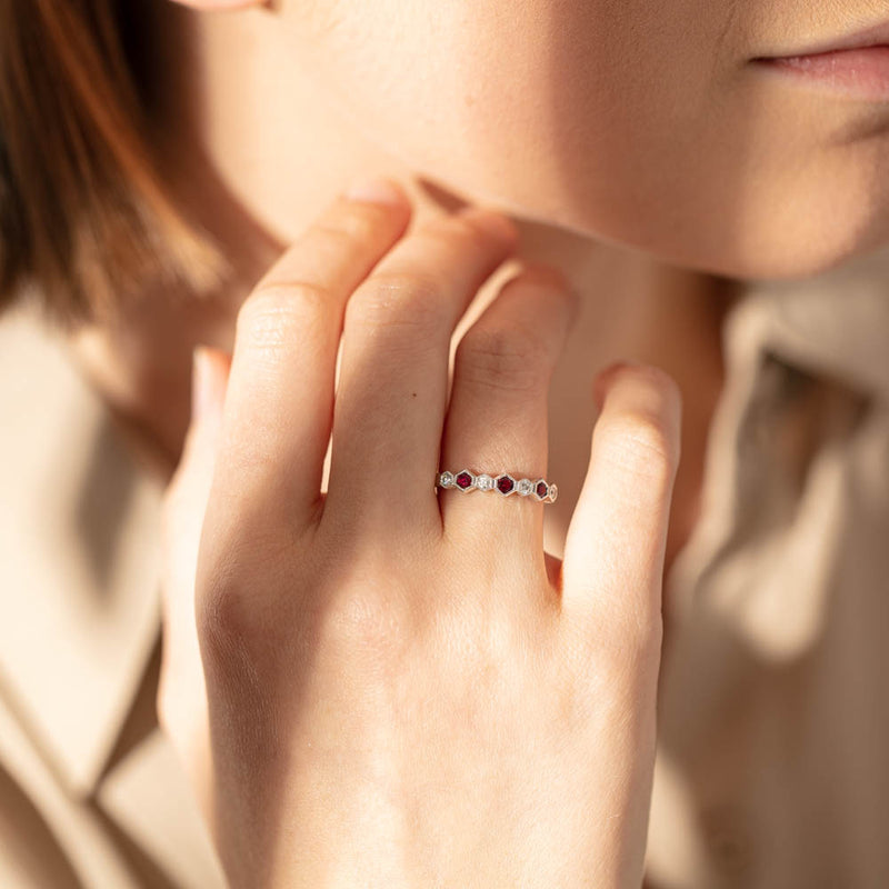 18ct White Gold Ruby & Diamond Deco Band-Ring-Walker & Hall