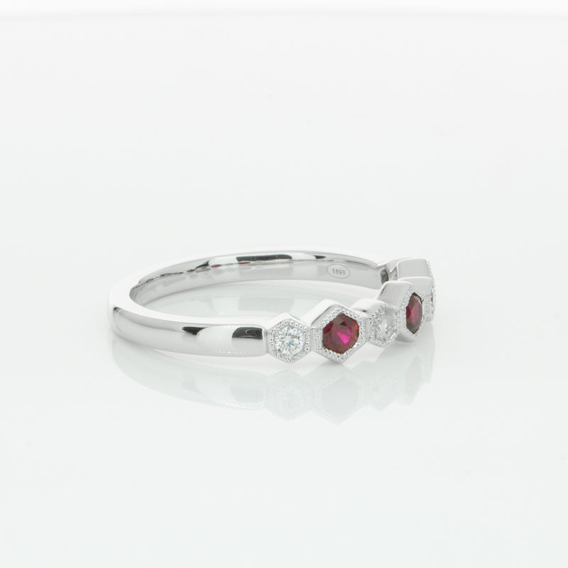 18ct White Gold Ruby & Diamond Deco Band-Ring-Walker & Hall