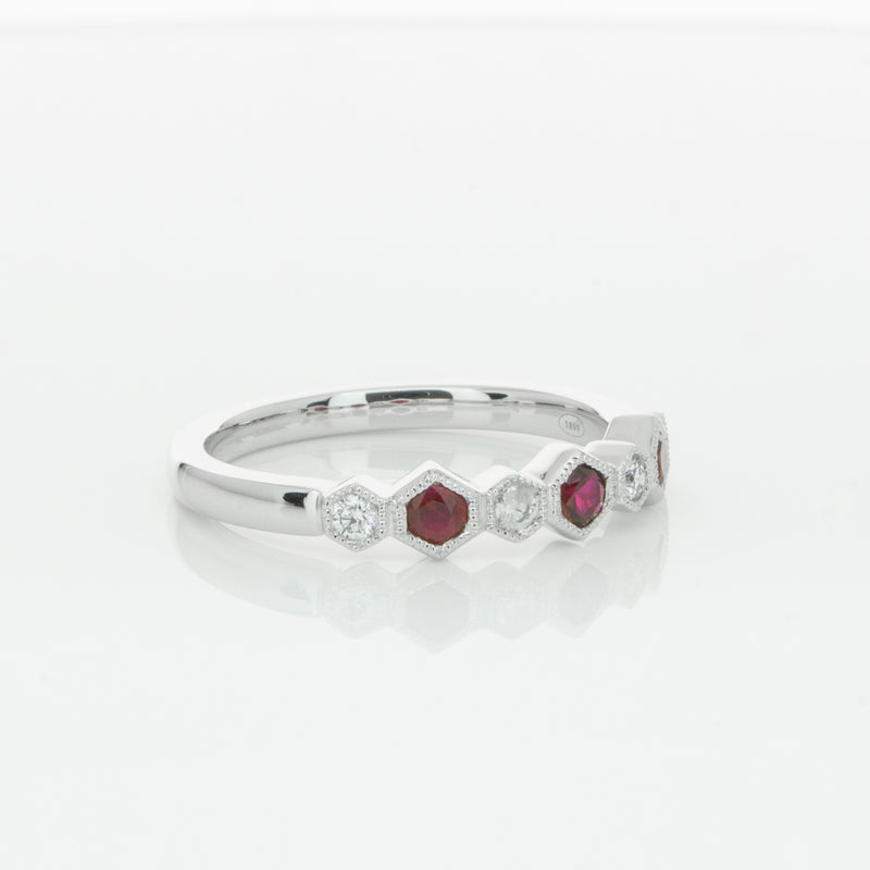18ct White Gold Ruby & Diamond Deco Band-Ring-Walker & Hall