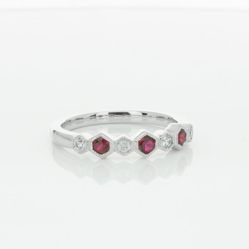 18ct White Gold Ruby & Diamond Deco Band-Ring-Walker & Hall