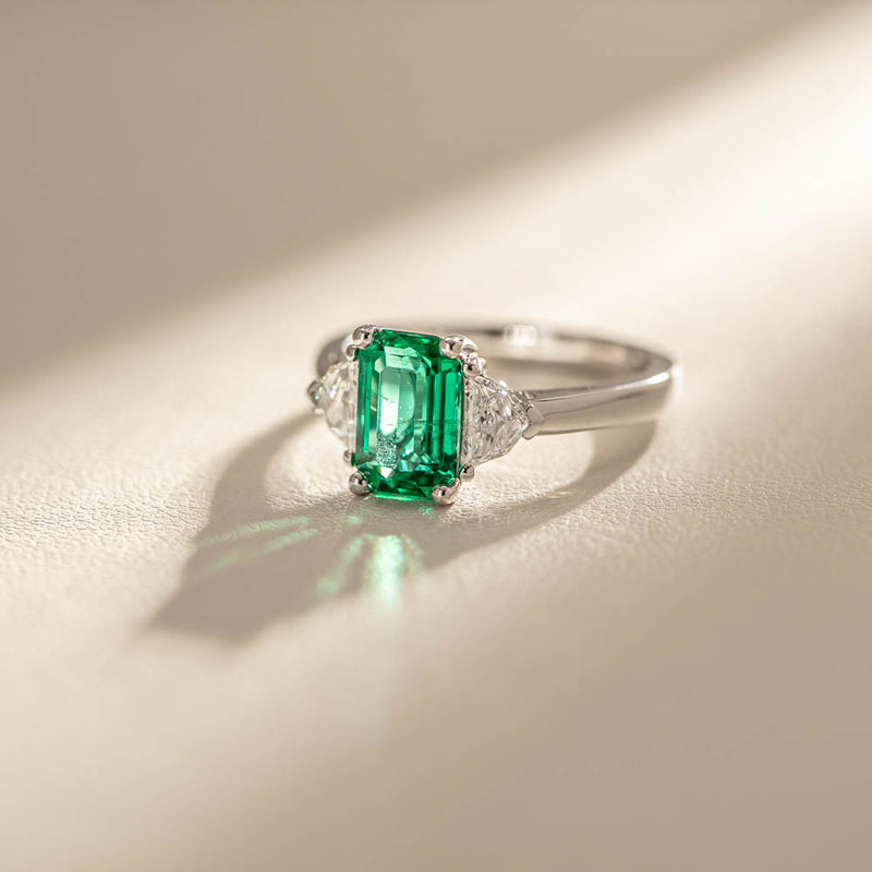 18ct White Gold Emerald & Diamond Three Stone Ring-Ring-Walker & Hall