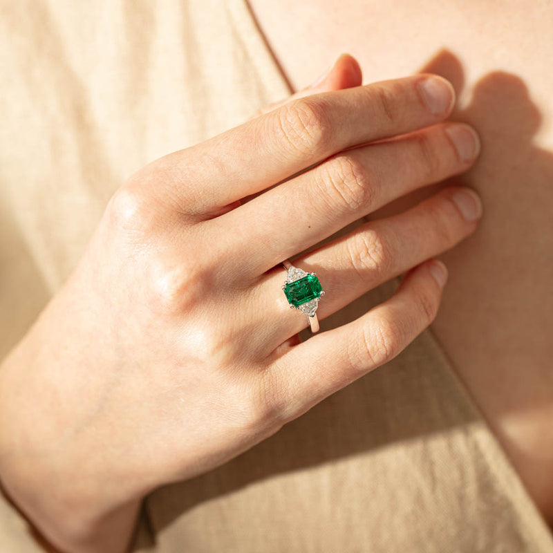 18ct White Gold Emerald & Diamond Three Stone Ring-Ring-Walker & Hall