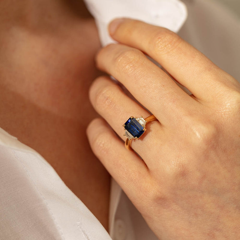 18ct Yellow Gold Sapphire & Diamond Three Stone Ring-Ring-Walker & Hall