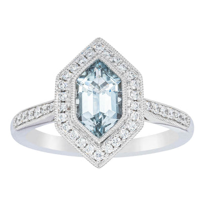 18ct White Gold Aquamarine & Diamond Ring-Ring-Walker & Hall