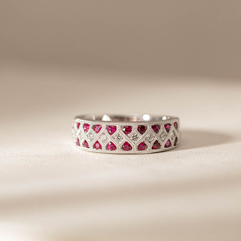 18ct White Gold Ruby & Diamond Honour Band-Ring-Walker & Hall