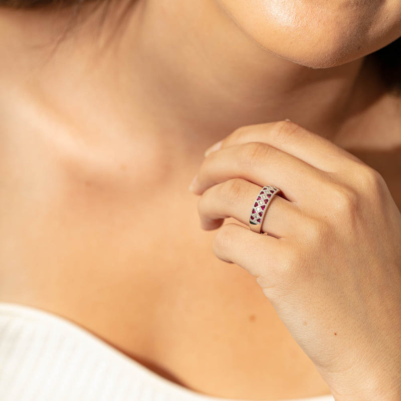 18ct White Gold Ruby & Diamond Honour Band-Ring-Walker & Hall