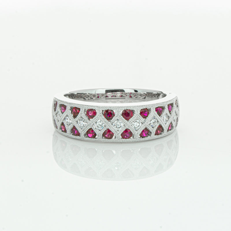 18ct White Gold Ruby & Diamond Honour Band-Ring-Walker & Hall