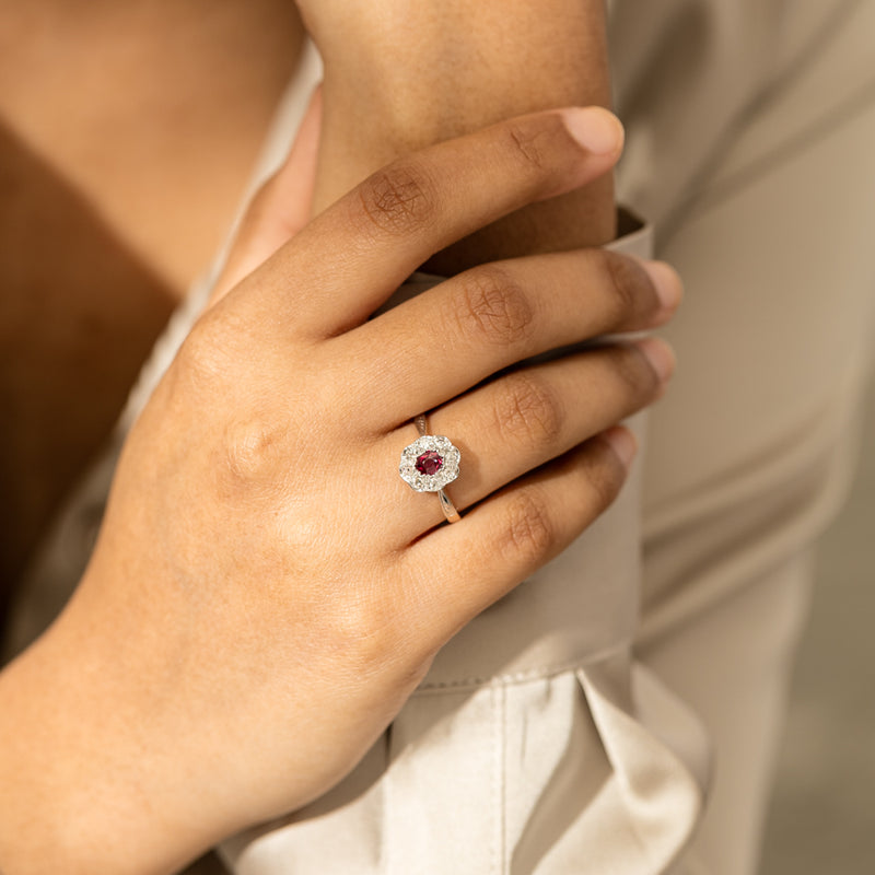 Deja Vu 16ct Yellow Gold & Platinum Synthetic Ruby & Diamond Ring-Ring-Walker & Hall