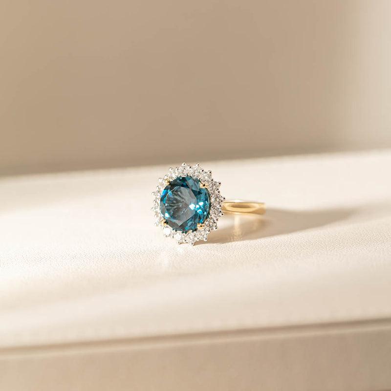 18ct Yellow Gold London Blue Topaz & Diamond Belle Ring-Ring-Walker & Hall