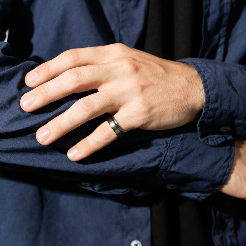 Titanium Ring With Blue Stripe-Ring-Walker & Hall
