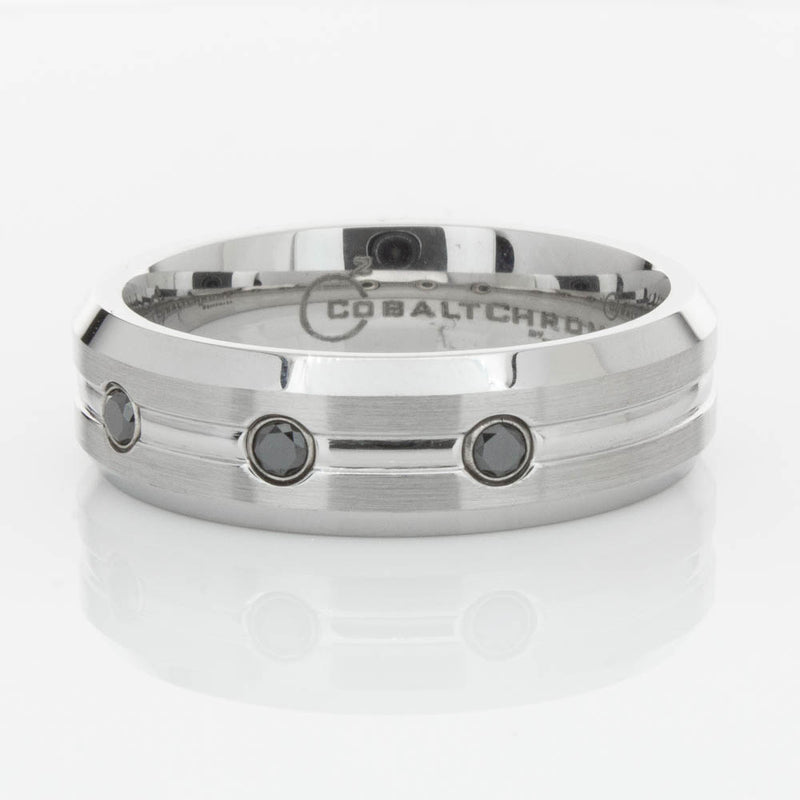 Cobalt Satin-Finish Beveled Edge Black Diamond Set 7.5mm Ring-Ring-Walker & Hall