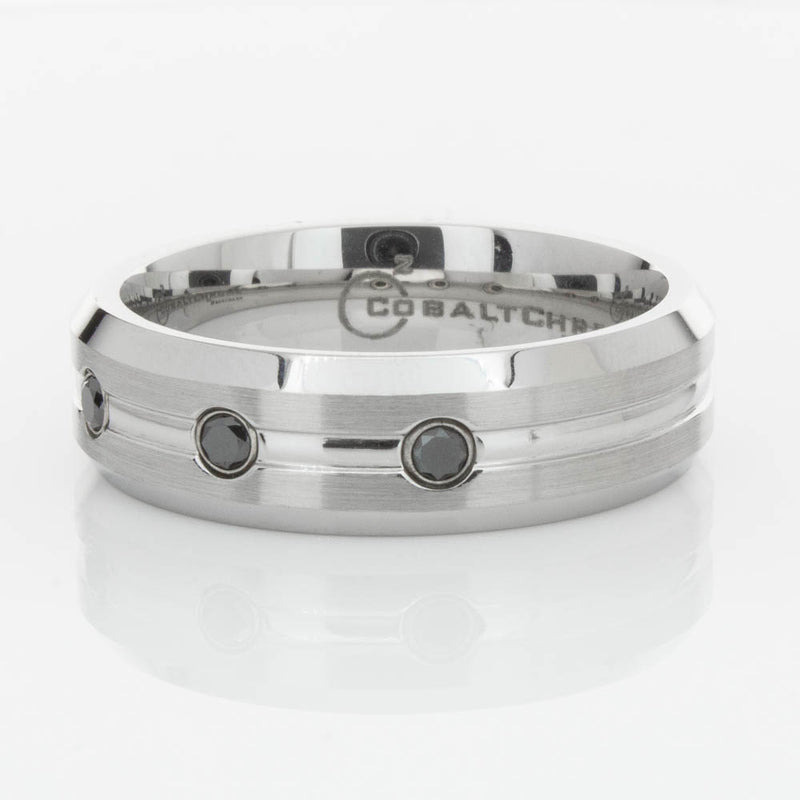 Cobalt Satin-Finish Beveled Edge Black Diamond Set 7.5mm Ring-Ring-Walker & Hall