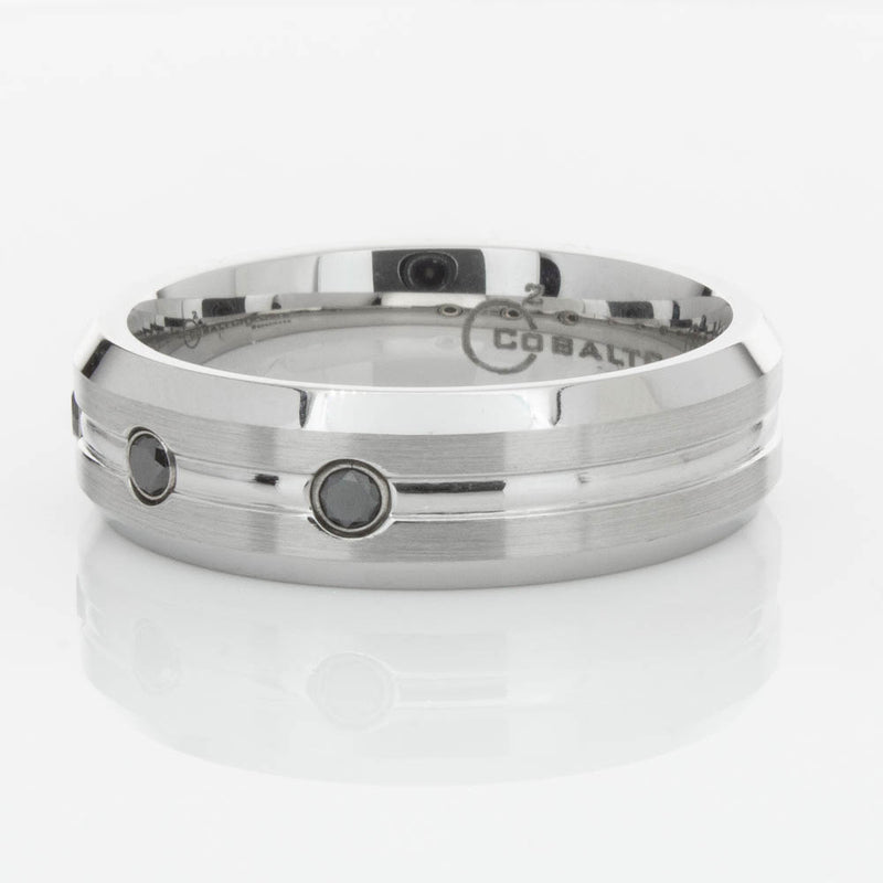 Cobalt Satin-Finish Beveled Edge Black Diamond Set 7.5mm Ring-Ring-Walker & Hall