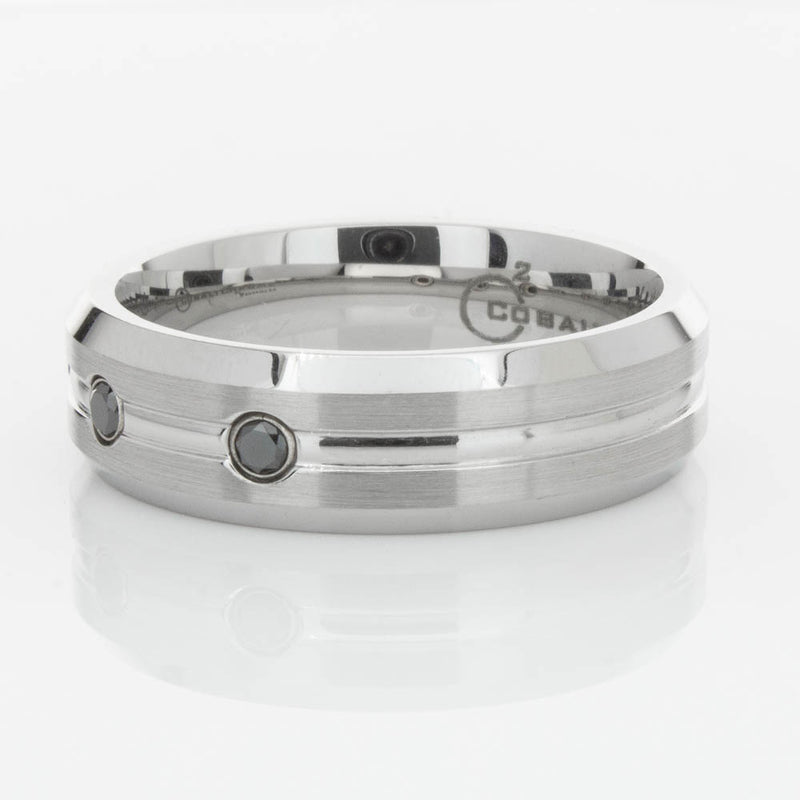 Cobalt Satin-Finish Beveled Edge Black Diamond Set 7.5mm Ring-Ring-Walker & Hall