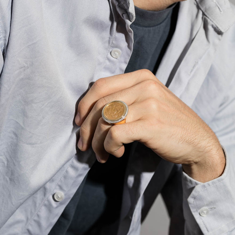 14ct Yellow Gold Diamond Halo Ring with Sovereign-Ring-Walker & Hall