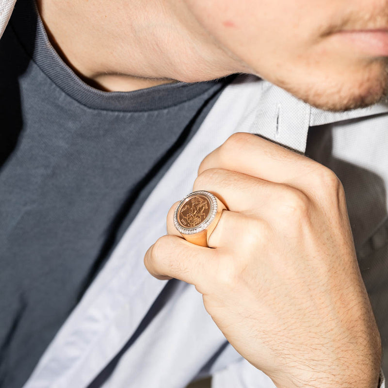 14ct Yellow Gold Half Sovereign & Diamond Halo Ring-Ring-Walker & Hall