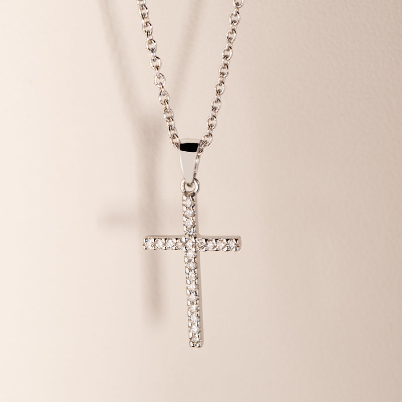 9ct White Gold Diamond Cross Pendant-Necklace-Walker & Hall