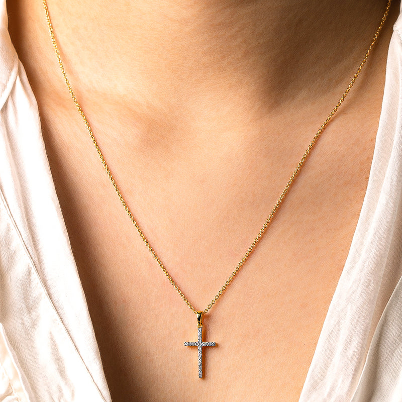 9ct Yellow Gold Diamond Cross Pendant-Necklace-Walker & Hall